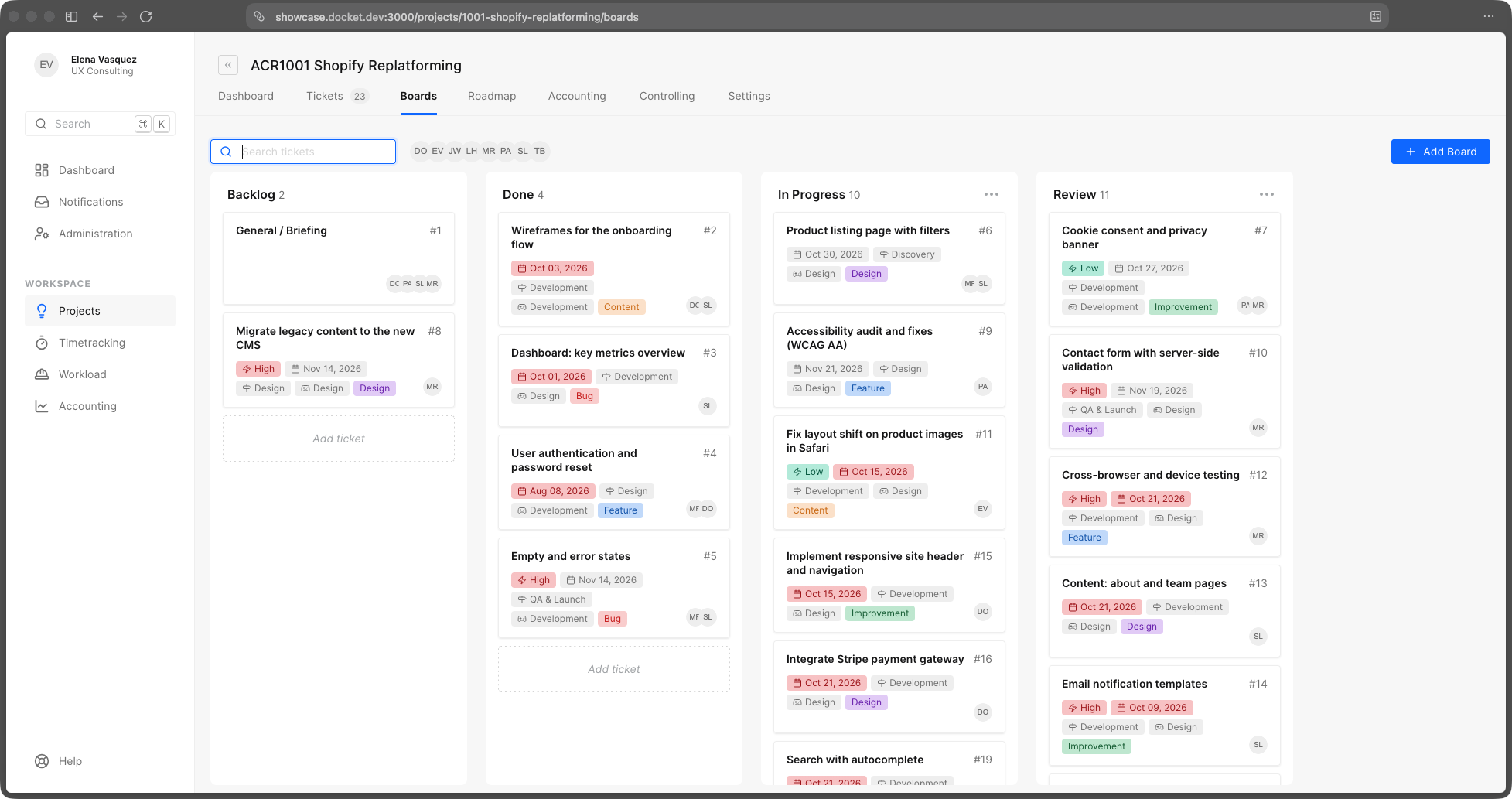 A project's kanban board with backlog, in progress, review and done columns