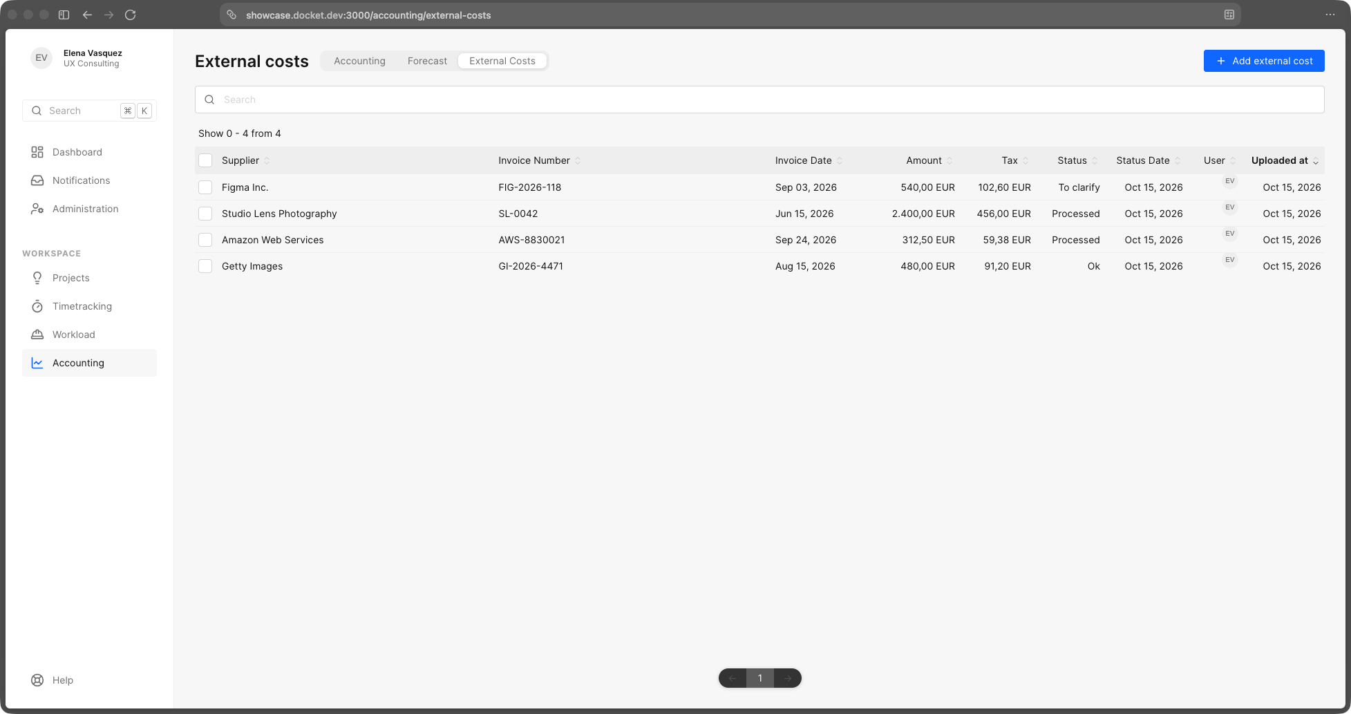 The external costs list: supplier invoices with amount, tax and status
