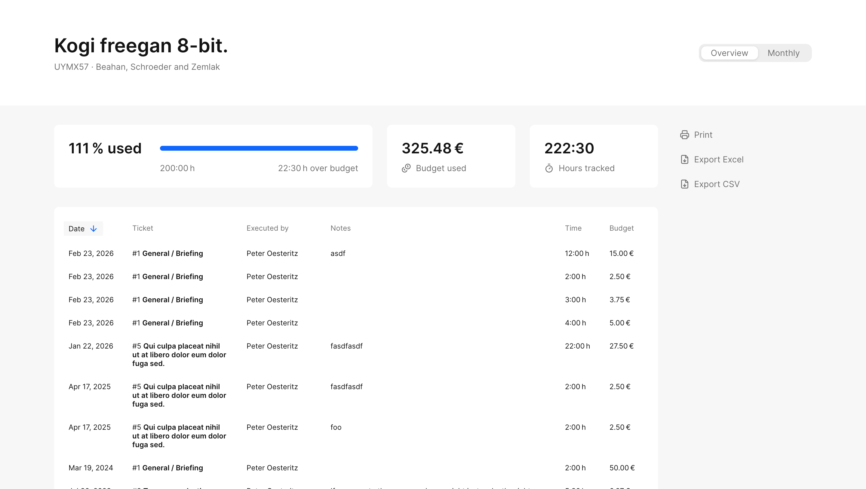 A shared, read-only project budget report