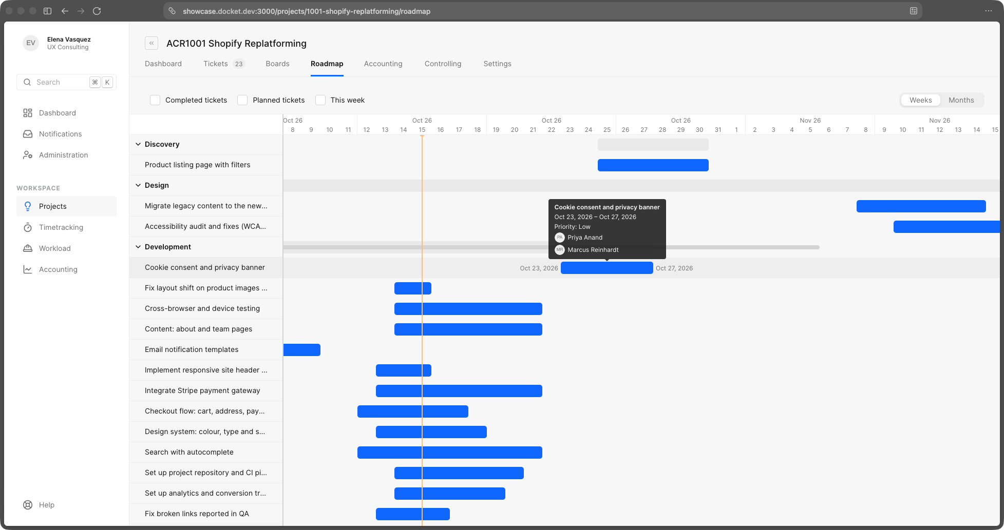 The docket roadmap: a project's phases and tickets as bars on a weekly timeline