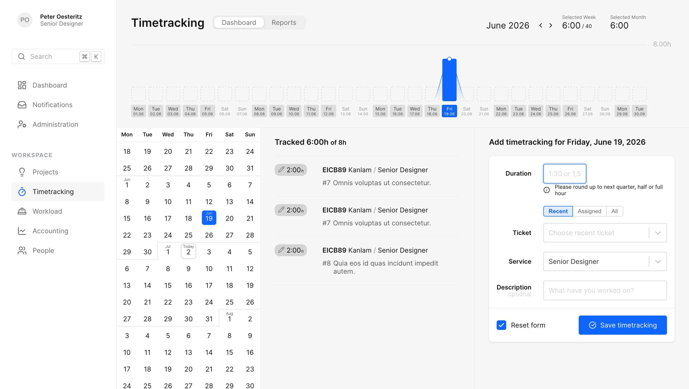 The time tracking screen with a week of entries and a mini calendar