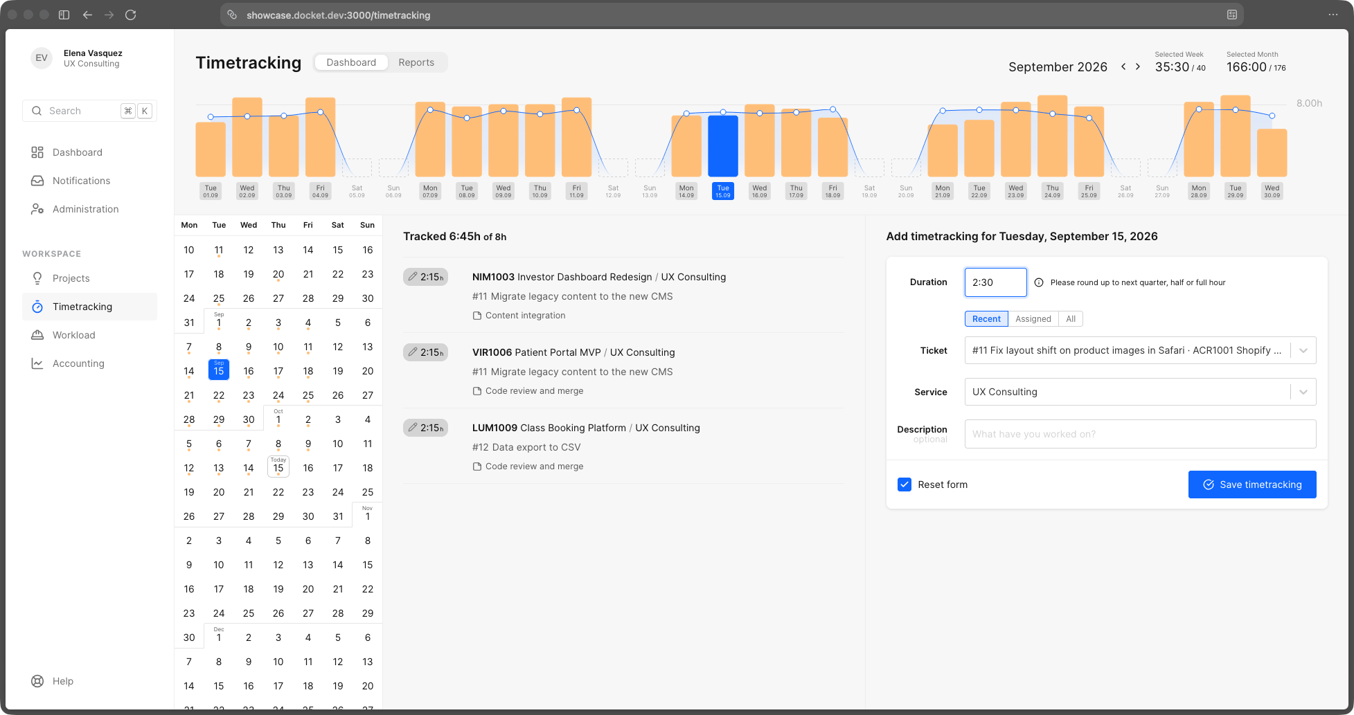 The time tracking screen with a month of booked hours, a calendar and the entry form
